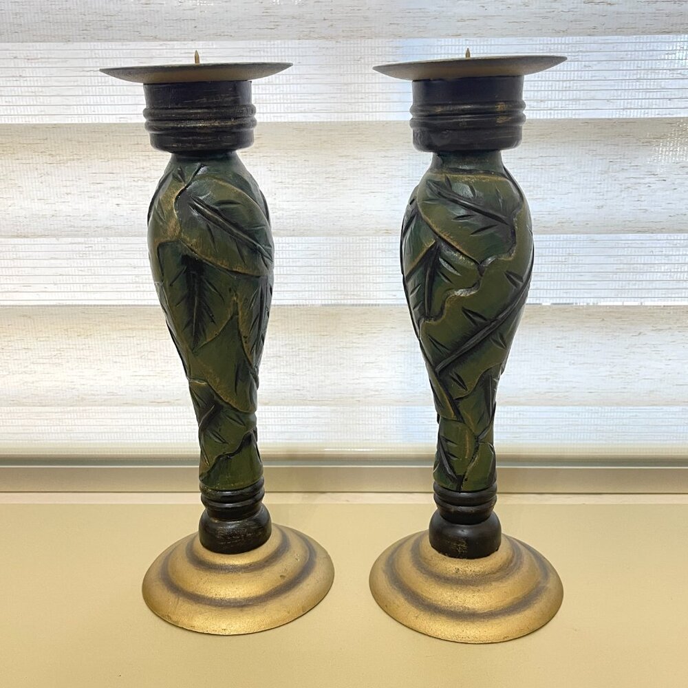Candlesticks Carved Wood Green Palm Leaf Set of 2 Tropical Gold Base